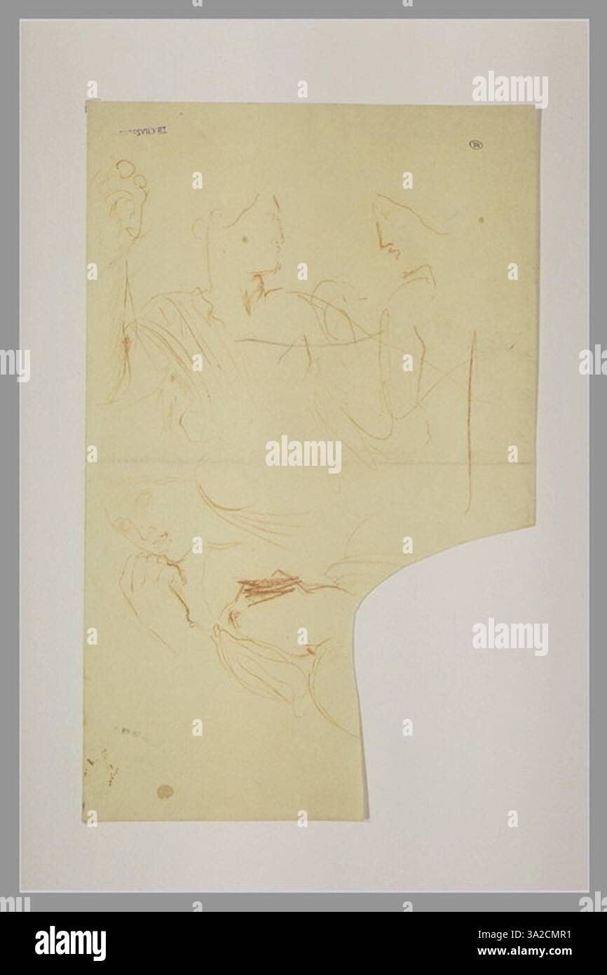 L’étude de Chassériau sur quatre bustes féminins capture la forme et l’émotion de chaque sujet. La représentation détaillée met l'accent sur les expressions faciales et les caractéristiques individuelles de chaque figure. Banque D'Images