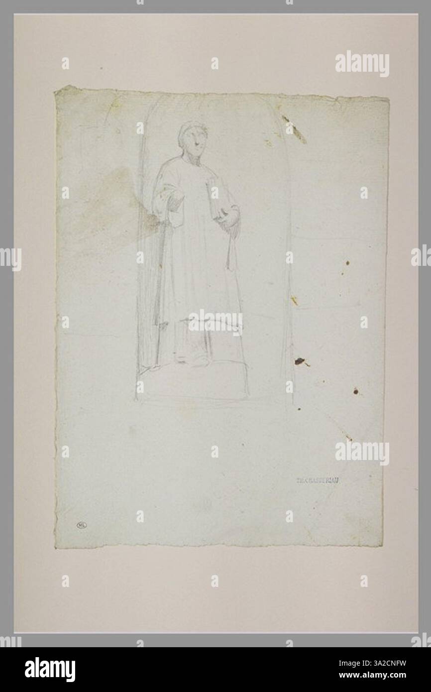 Ce dessin de Chassériau représente un diacre dans une niche, basé sur une sculpture. L’étude met l’accent sur la posture de la figure, ses vêtements et la relation spatiale au sein de la niche, reflétant l’intérêt de Chassériau pour les formes classiques. Banque D'Images
