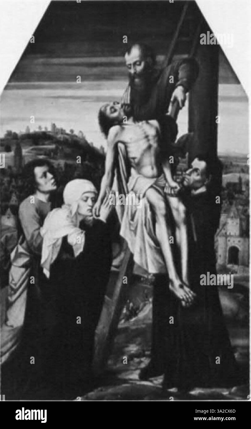 Cette peinture d'Adriaen Ysenbrant présente des figures allongées et des détails complexes typiques du maniérisme d'Anvers. Les expressions émotionnelles et les contrastes de lumière dramatiques ajoutent à l’impact spirituel de la scène religieuse. Banque D'Images