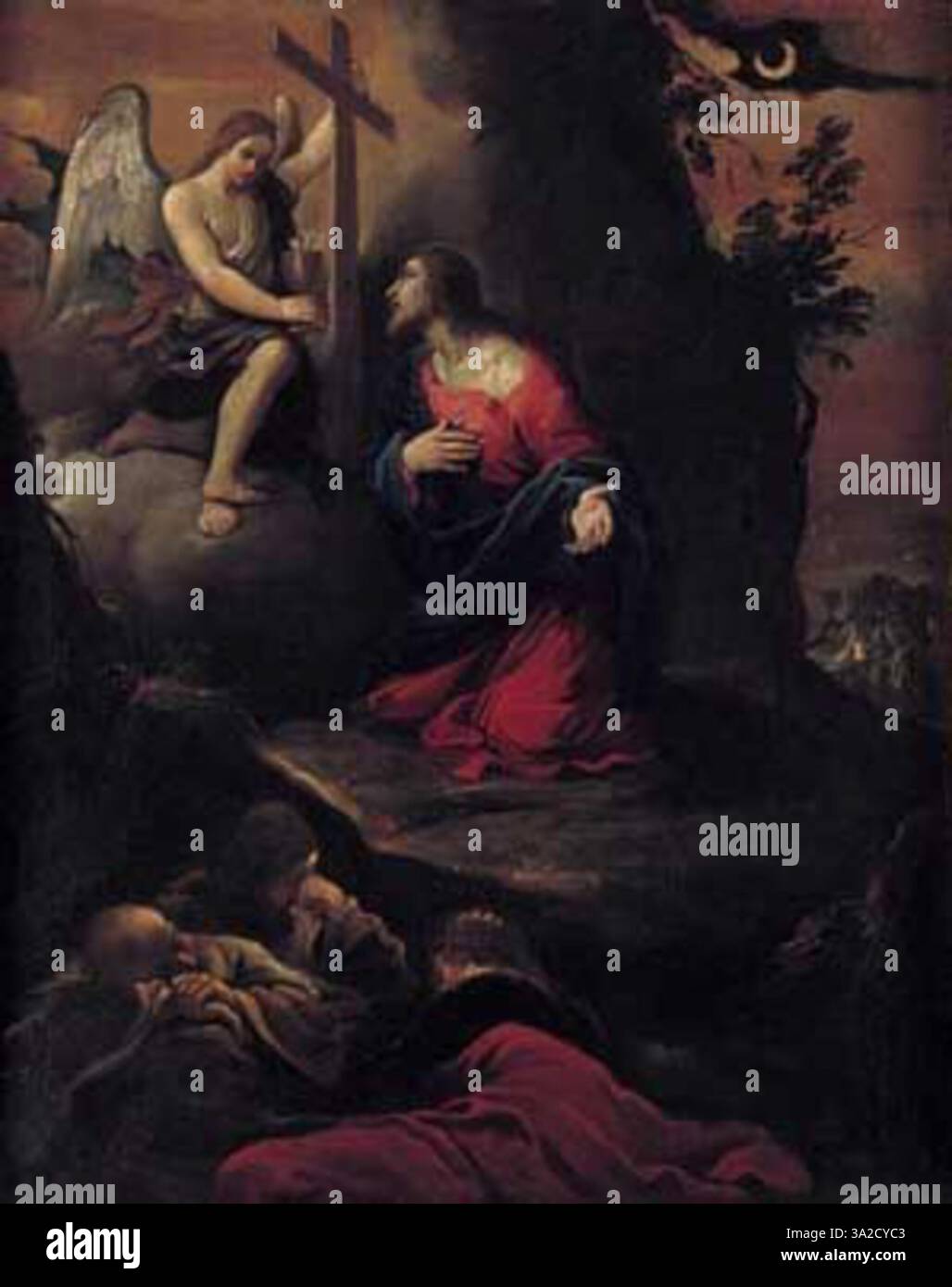 Cette pièce montre le Christ dans le jardin de Gethsémani, un moment de prière intense et de solitude avant sa crucifixion. Les personnages et le jardin environnant sont représentés avec une grande profondeur émotionnelle, utilisant la lumière pour transmettre l'atmosphère sacrée. Banque D'Images