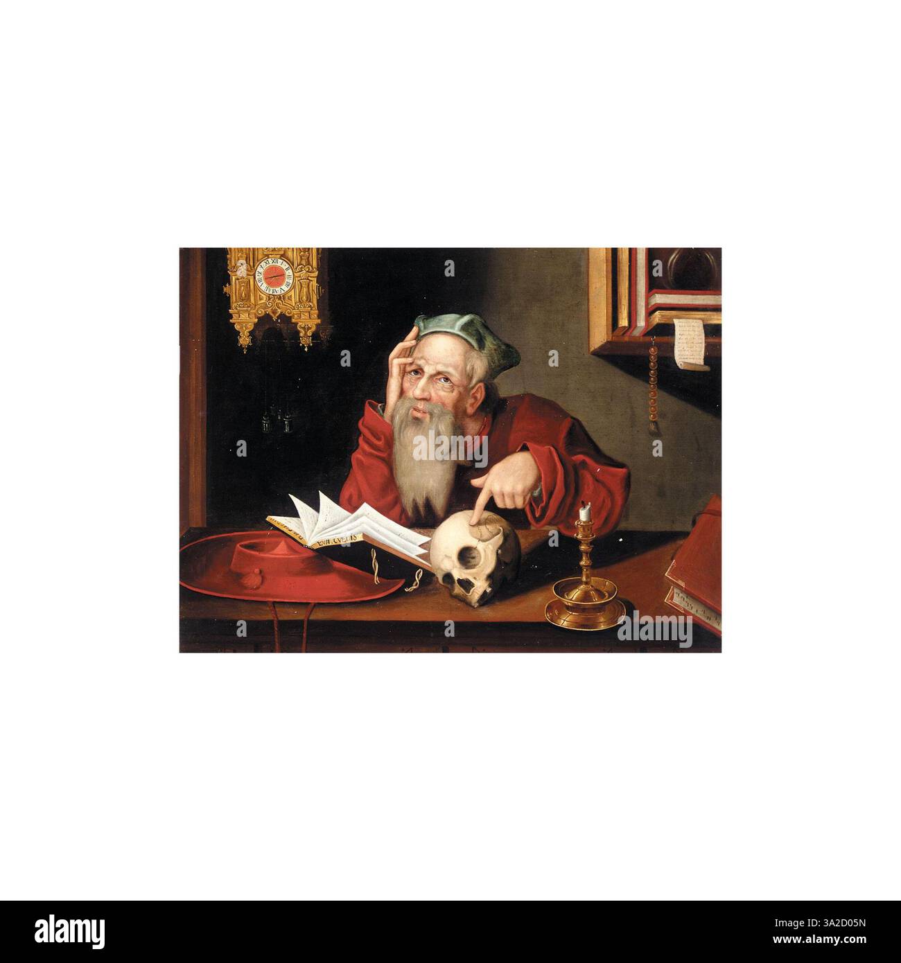 Saint Jérôme dans son étude, attribuée à un disciple de Joos van Cleve, montre le saint dans un cadre savant, reflétant sa vie d'ermite et de traducteur. La peinture date de circa 1485-1540/1541. Banque D'Images