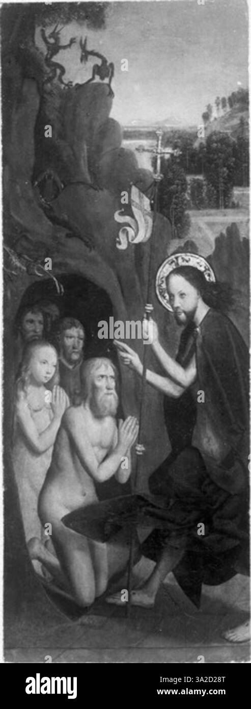 Ce tableau du XVIe siècle attribué au Maître d’Alkmaar représente le Christ dans les Limbes, un moment entre la mort du Christ et sa résurrection. La pièce reflète l'accent mis par la période sur les thèmes religieux et la vie au-delà du Christ. Banque D'Images