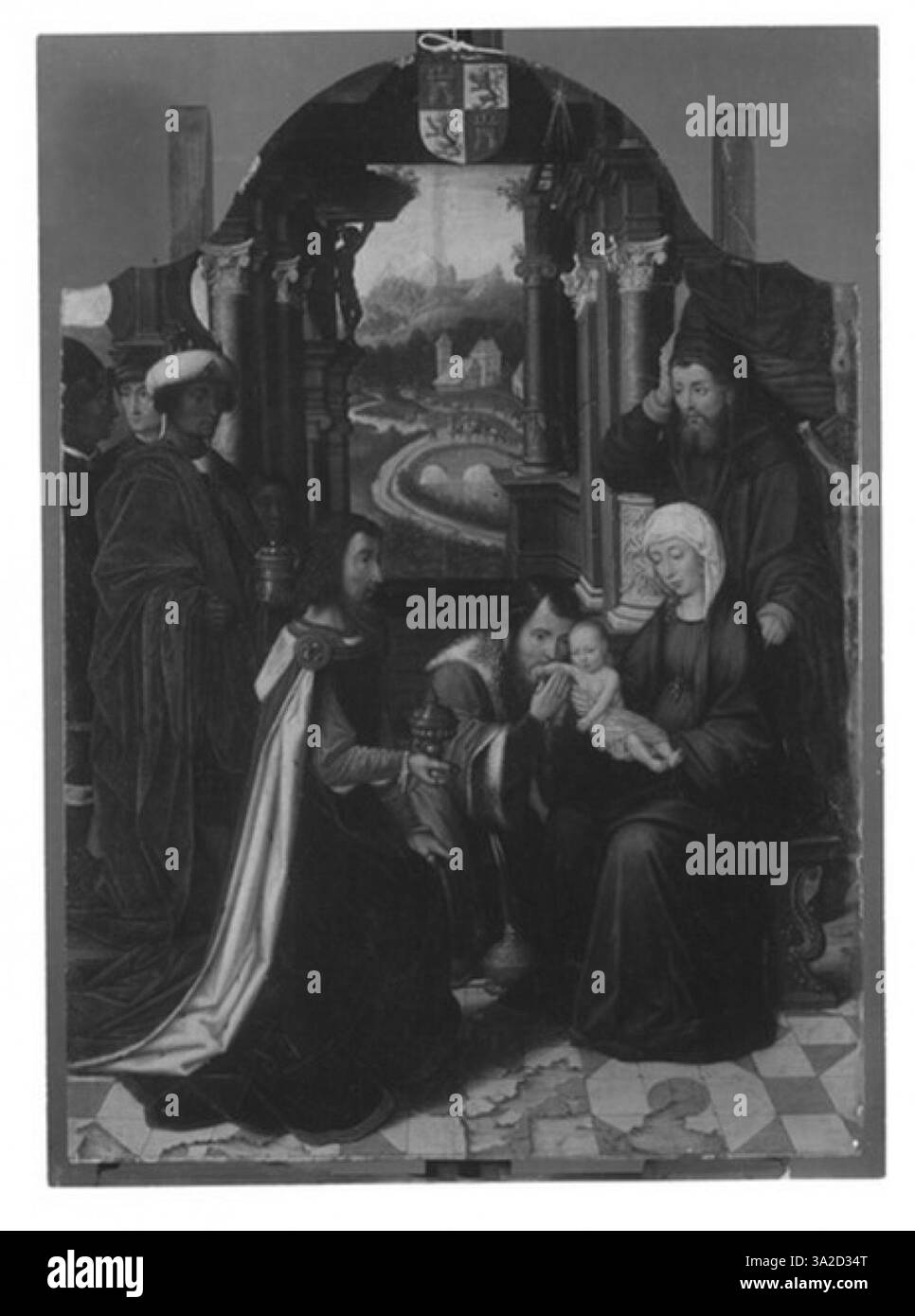 Cette œuvre du XVe siècle de Gérard David représente l'Adoration des Mages, où trois rois présentent des dons à l'enfant Christ. La peinture capture le moment avec des expressions faciales détaillées et des vêtements riches, mettant en valeur la vénération des Mages et la nature divine du Christ enfant. L'œuvre est peinte à l'huile sur panneau, caractéristique des religieux de la Renaissance nordique Banque D'Images