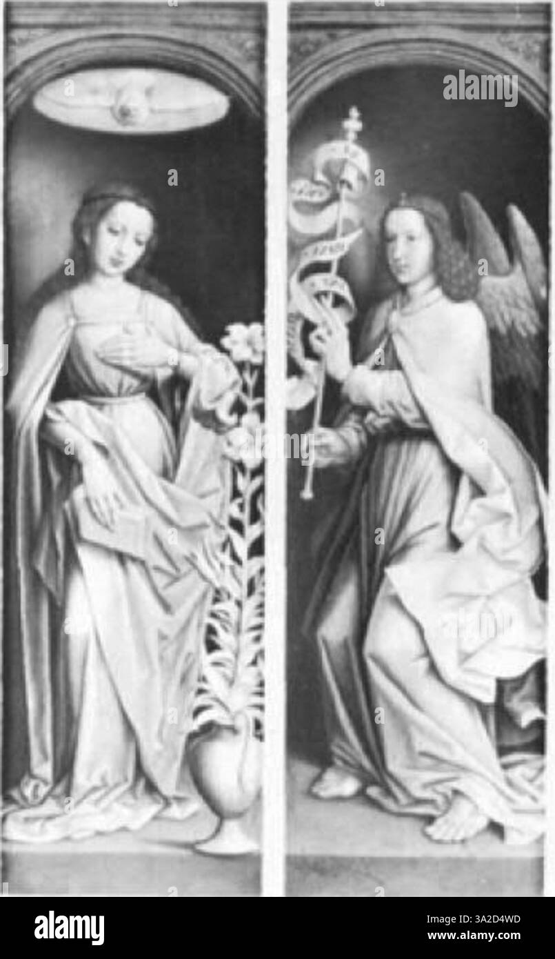 Cette peinture d’Adriaen Ysenbrant illustre le style maniériste anversois avec des figures allongées et des expressions émotionnelles intenses. Les contrastes dramatiques de la lumière font ressortir les thèmes spirituels et religieux. Banque D'Images