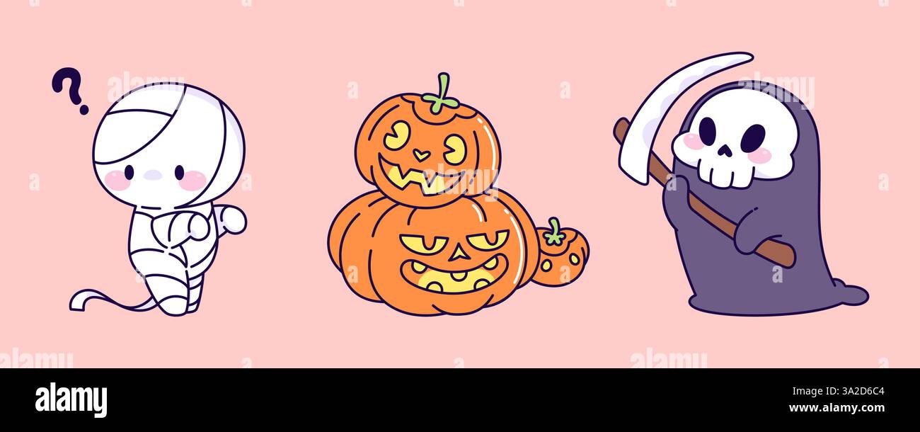 Personnages mignons de kawaii Halloween - fantôme de momie enveloppé dans des bandages, citrouilles sculptées jack-o-lanterne avec des visages amusants, faucheuse à capuche sinistre. Adorables créatures ludiques de dessin animé effrayantes dans des couleurs pastel. Illustration de Vecteur