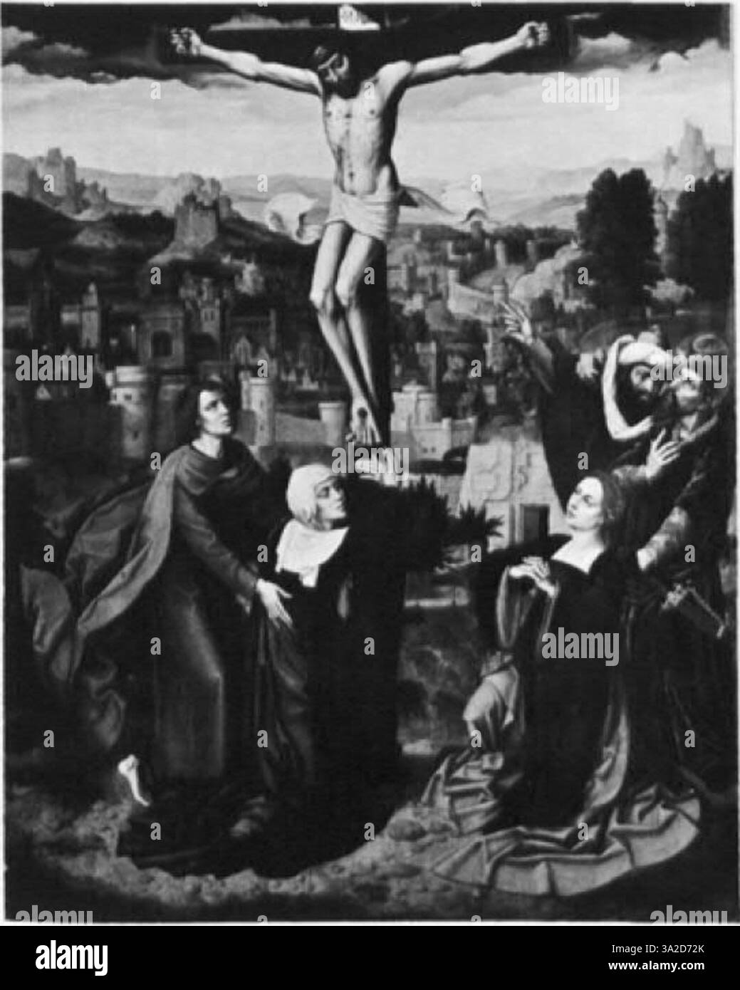 Cette œuvre d’Adriaen Ysenbrant démontre le maniérisme anversois avec ses figures allongées, ses expressions émotionnelles et ses contrastes de lumière dramatiques. L’iconographie religieuse complexe souligne la profondeur spirituelle de la scène. Banque D'Images