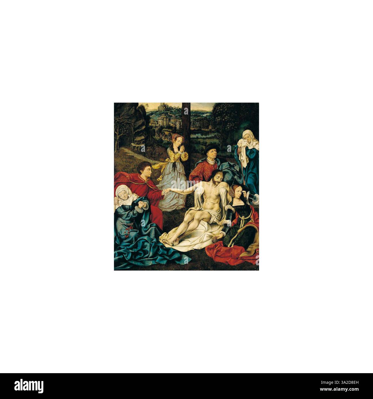 La 'descente de la croix' attribuée à l'atelier de Joos van Cleve représente le Christ descendu de la croix. La scène souligne le chagrin et la révérence entourant la Crucifixion, capturant l'intensité émotionnelle typique des religieux de la Renaissance Banque D'Images