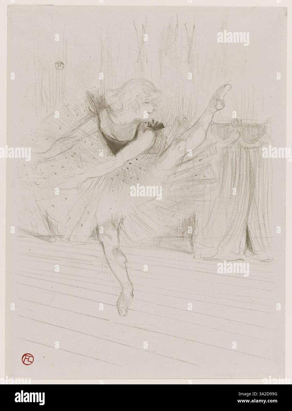Dans ce portrait de la danseuse anglaise Miss Ida Heath, Toulouse-Lautrec dépeint sa mi-performance, capturant l'intensité de son mouvement et de sa présence sur scène avec des lignes audacieuses et des couleurs expressives. Banque D'Images