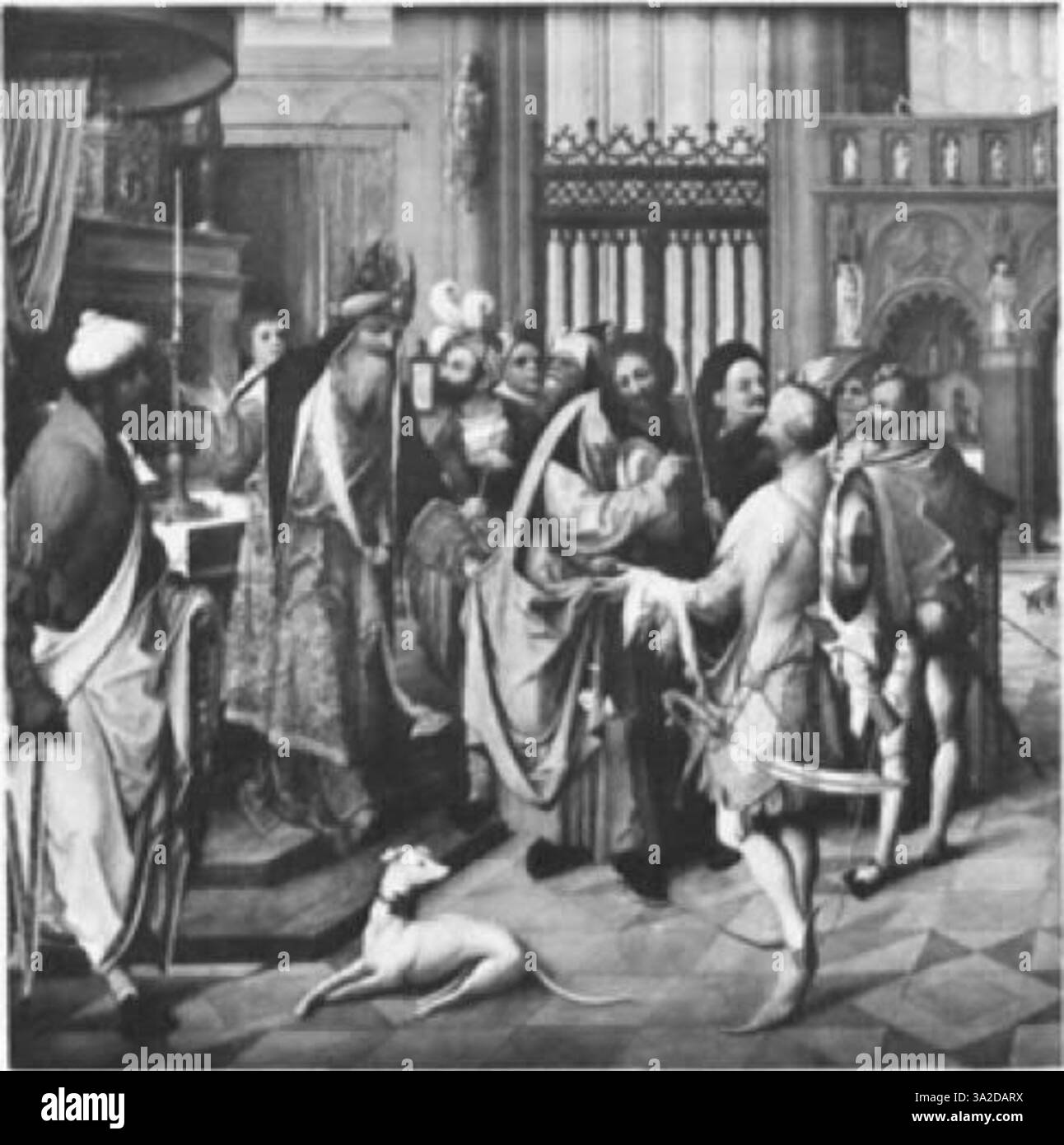 Une peinture détaillée d'Adriaen Ysenbrant, démontrant l'approche maniériste anversoise des sujets religieux avec des contrastes de couleurs vifs et des formes allongées. Banque D'Images