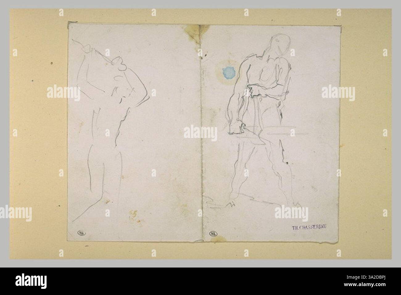 Ce dessin de Théodore Chassériau présente deux études de forgerons engagés dans leur métier. Les figures sont représentées à mi-action, mettant en valeur la muscularité et le mouvement impliqués dans le forgeage du métal. Le travail est une étude de précision anatomique et de composition dynamique. Banque D'Images