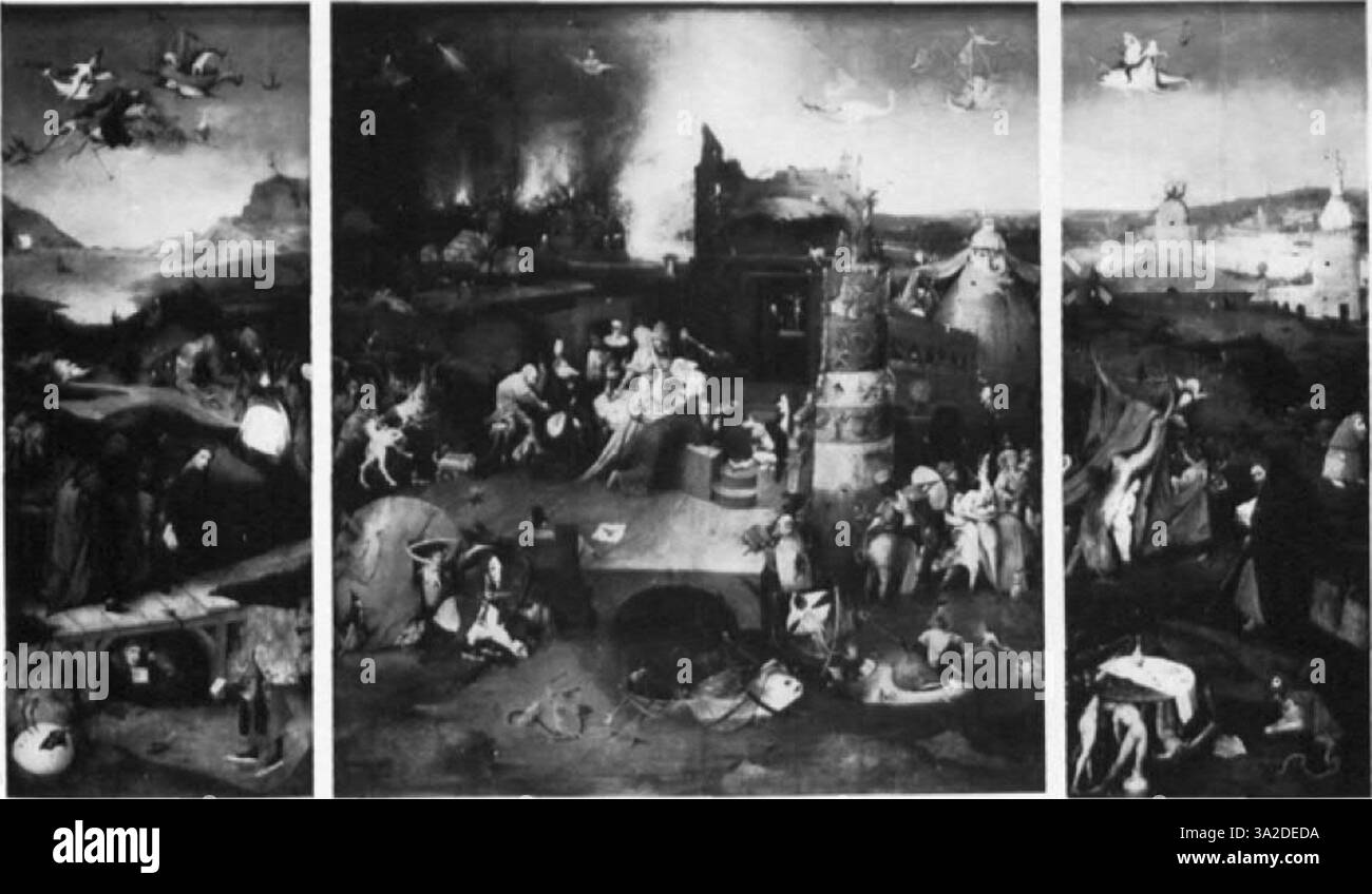 Cette pièce souligne la maîtrise de Geertgen tot Sint Jans et Hieronymus Bosch dans la transmission des histoires religieuses avec précision et détails symboliques, caractéristiques de la peinture néerlandaise primitive. Banque D'Images