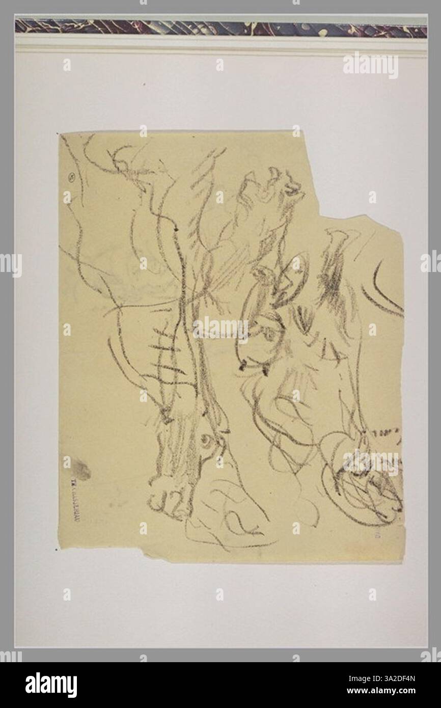 Ce dessin montre plusieurs têtes de chevaux, en se concentrant sur les détails et les caractéristiques anatomiques des chevaux. L’étude de Chassériau met l’accent sur leurs visages expressifs. Banque D'Images