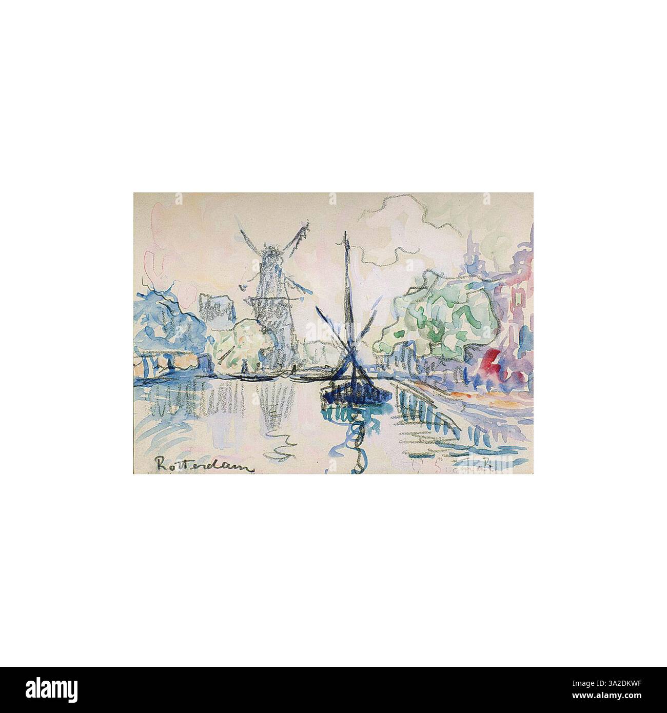 Cette œuvre présente une vue sur Rotterdam, mettant en valeur le port animé et les bateaux amarrés le long du front de mer. Signac capture les reflets dans l'eau en utilisant son style pointilliste caractéristique. Banque D'Images