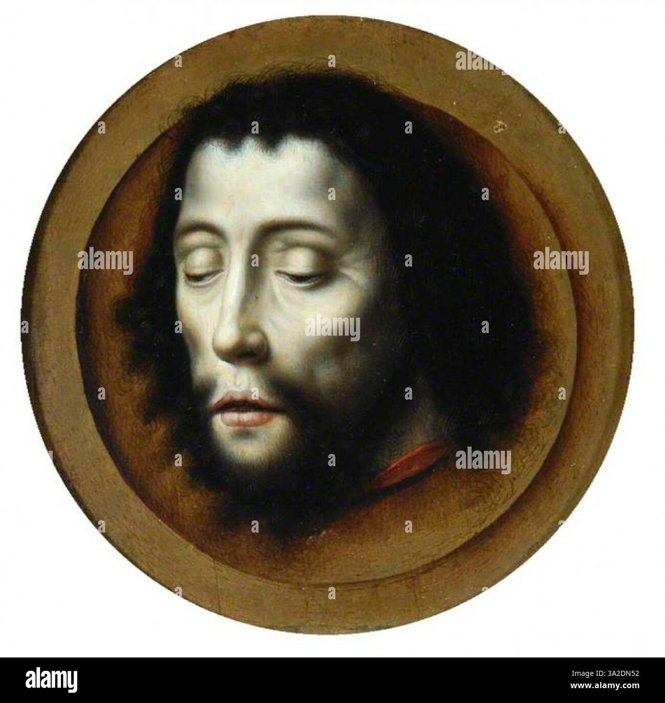 Cette peinture d'Albrecht bouts représente la tête décapitée de Saint Jean Baptiste sur un plateau, un moment dramatique du Nouveau Testament, rendu dans le style typique de la Renaissance. Banque D'Images
