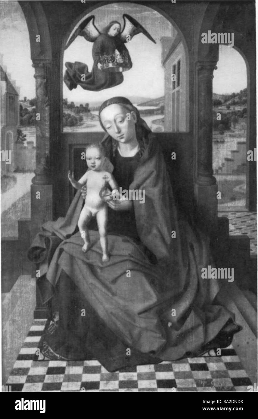 Cette plaque présente une scène religieuse des van Eycks et Petrus Christus, montrant leur maîtrise dans la capture du réalisme des figures et de la lumière dans le sacré Banque D'Images