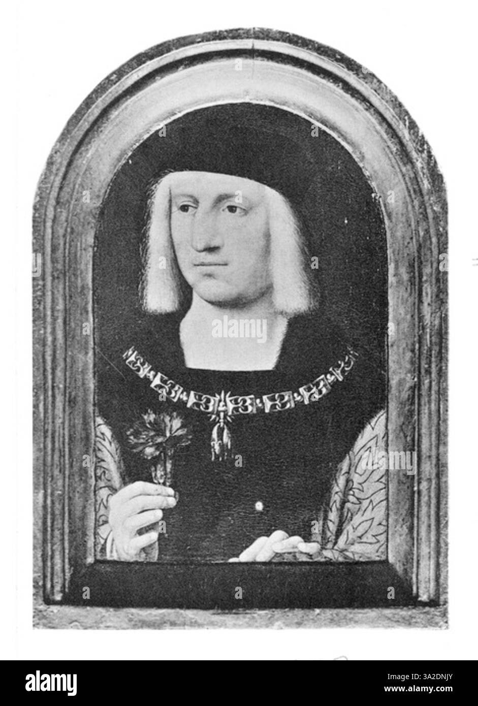 Ce portrait, réalisé par l’atelier de Joos van Cleve vers 1510, montre l’empereur Maximilien Ier en tenue royale, capturant l’autorité et le statut noble de l’empereur. Banque D'Images