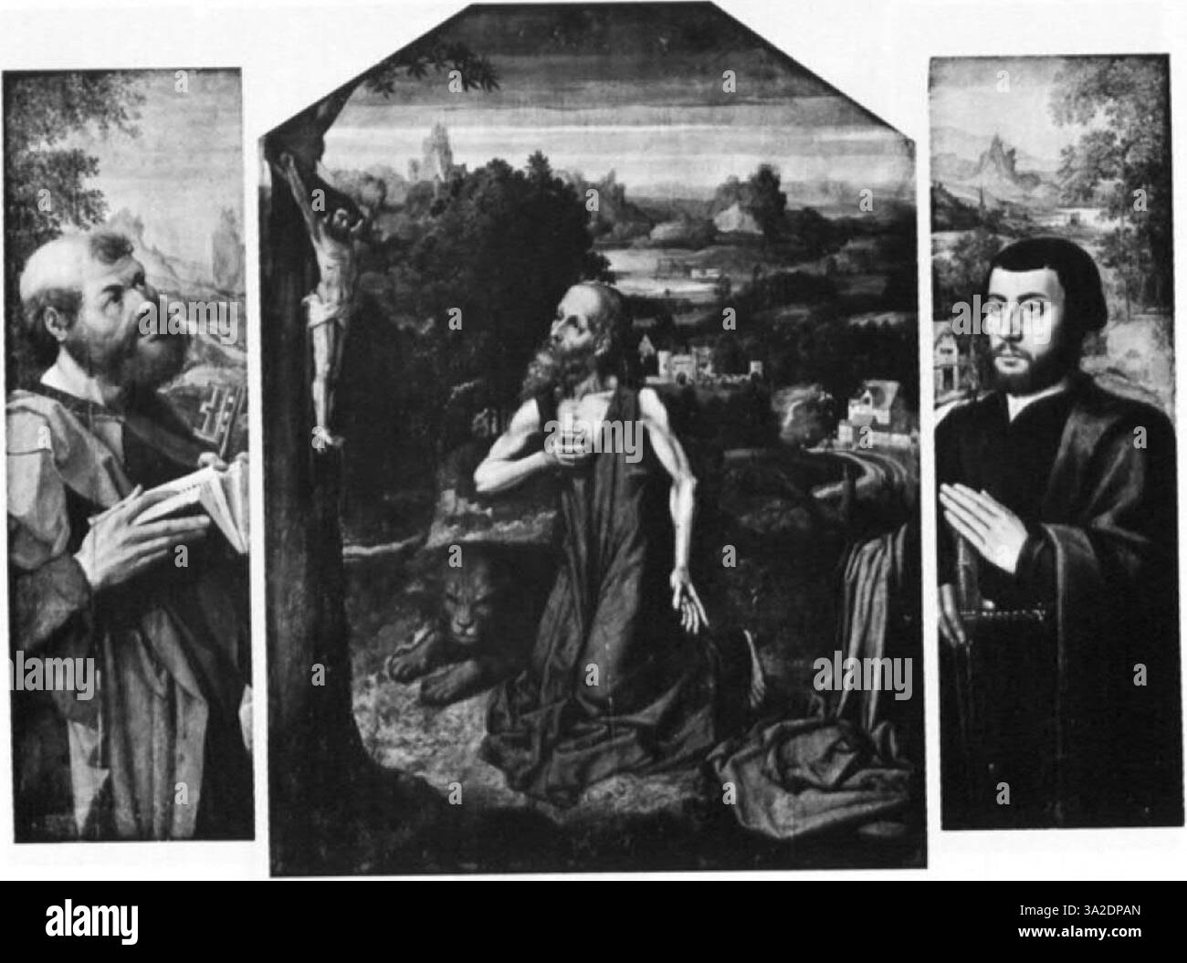 Cette peinture d'Adriaen Ysenbrant montre les figures allongées et la profondeur émotionnelle typiques du maniérisme anversois. Les contrastes de lumière et d’ombre intensifient le sujet spirituel et religieux. Banque D'Images
