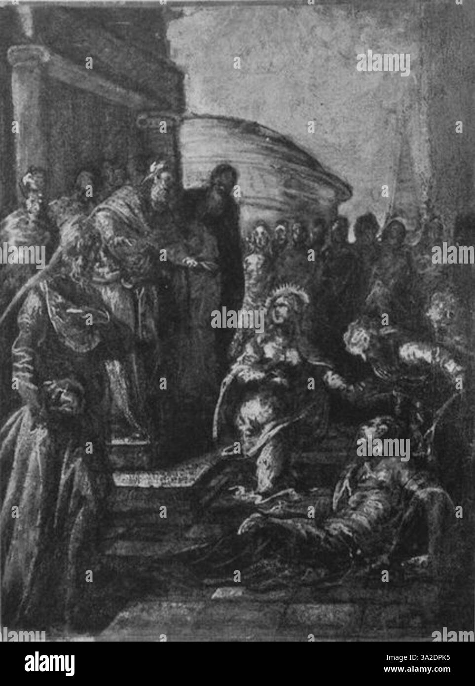 Dans ce travail, le Tintoret utilise un éclairage dramatique et un mouvement vigoureux de la figure pour améliorer l'intensité émotionnelle de la scène. La composition reflète son approche caractéristique des sujets religieux et historiques. Banque D'Images
