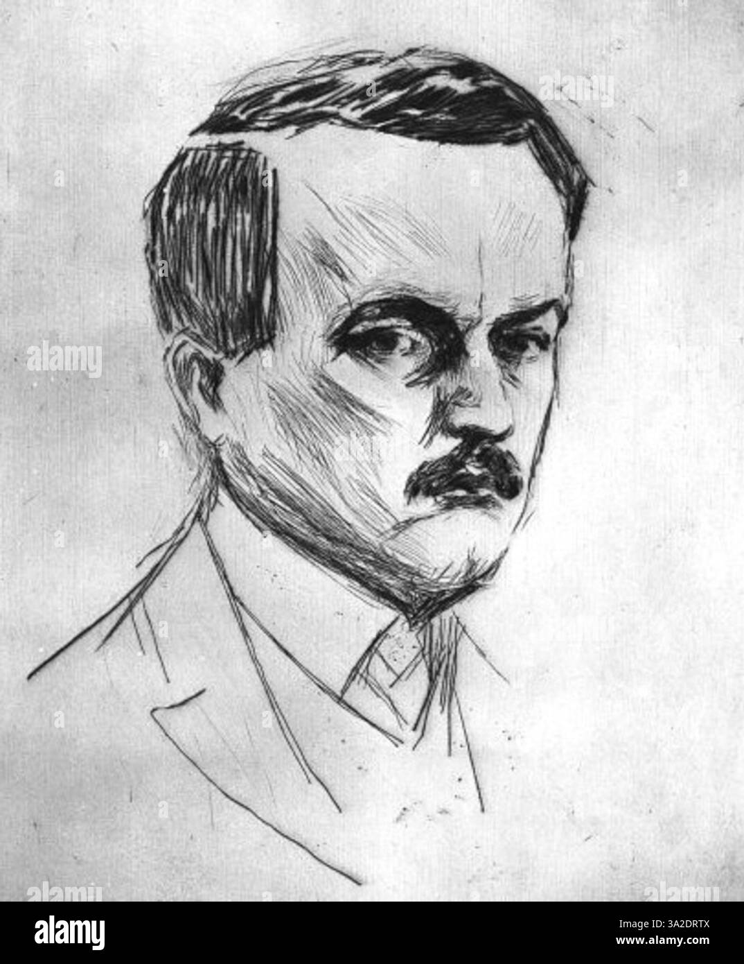 Une gravure par pointe sèche de Jan Kotéra par Munch, capturant l'essence du sujet à travers des lignes nettes et des textures détaillées, mettant en valeur l'habileté de Munch dans la gravure. Banque D'Images