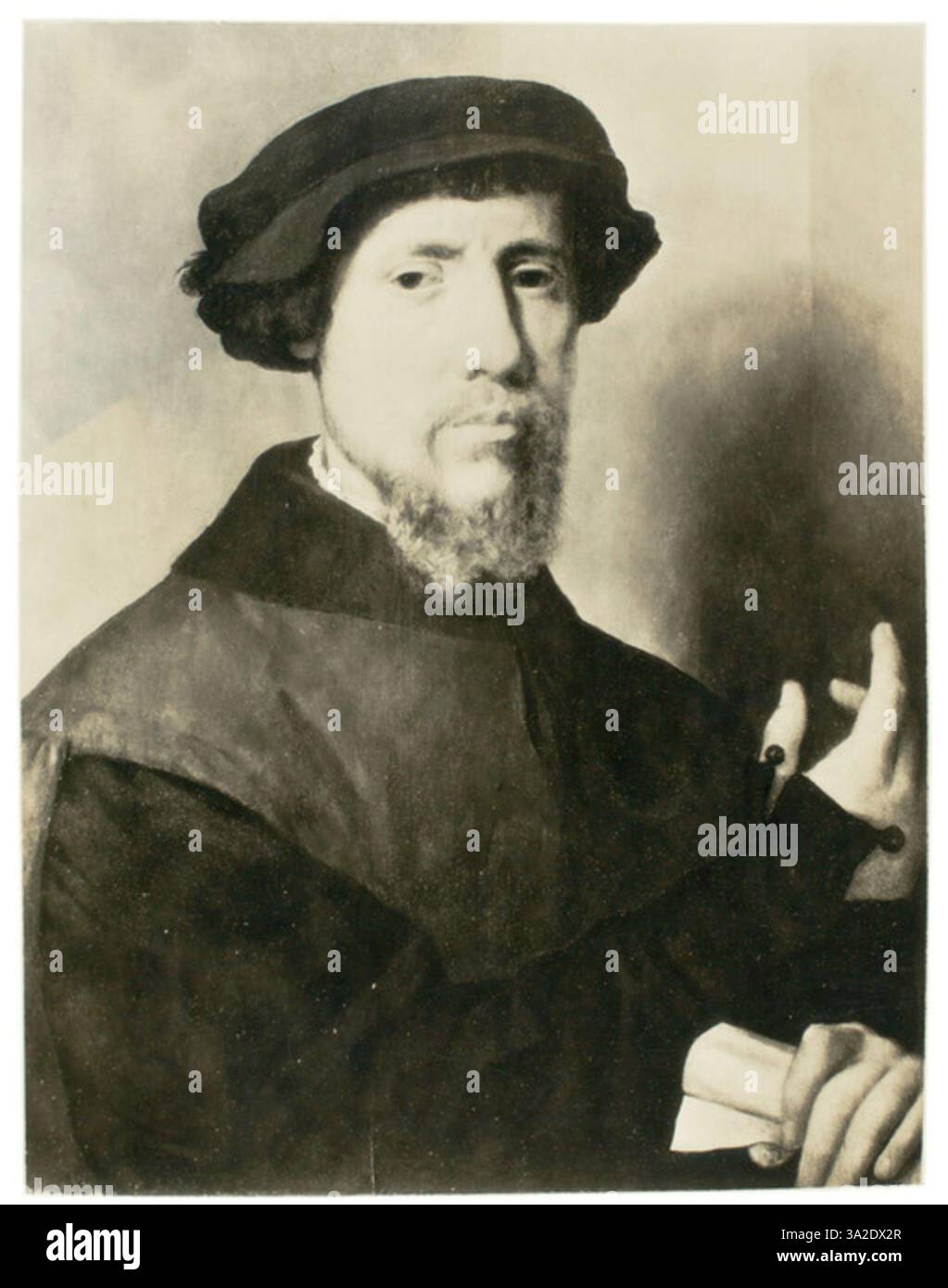 Un portrait de Joos van Cleve de 1540 montre un homme digne, probablement noble, capturé avec de beaux détails dans le style Renaissance. Sa tenue vestimentaire et sa pose reflètent la mode de l'époque. Banque D'Images