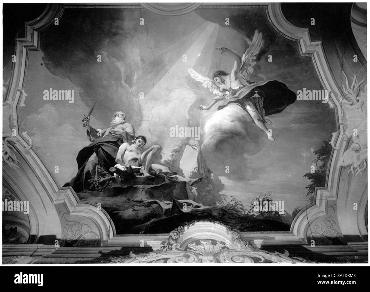 La peinture de Giovanni Battista Tiepolo dépeint le moment dramatique du sacrifice d’Isaac, en mettant l’accent sur la tension émotionnelle entre père et fils. La scène est remplie de mouvement dynamique et de symbolisme religieux intense. Banque D'Images