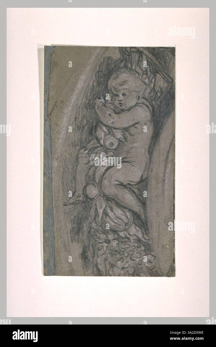 Ce charmant dessin de Simon Vouet représente un putto au centre d'une guirlande de fruits et de fleurs. La pièce illustre le style ludique et décoratif du baroque fermé Banque D'Images