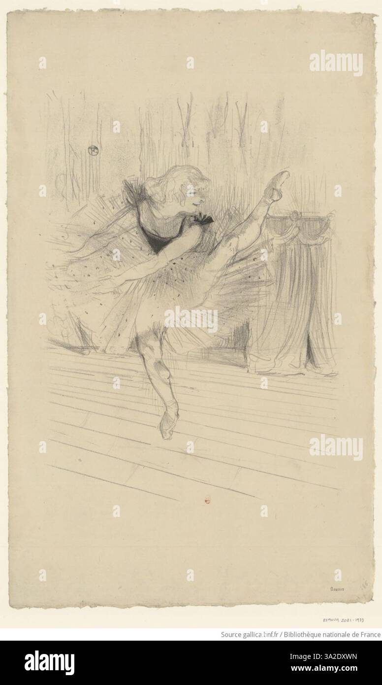Miss Ida Heath, danseuse anglaise met en scène une danseuse anglaise en mouvement. Toulouse-Lautrec saisit la grâce et la fluidité de ses mouvements avec des lignes expressives et des couleurs vibrantes, évoquant la nature dynamique de la danse. Banque D'Images