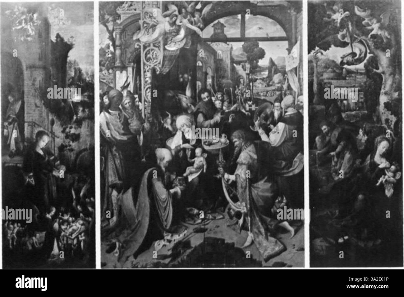 Cette peinture d'Adriaen Ysenbrant présente le style maniériste typique d'Anvers avec des contrastes de couleurs dramatiques et des figures humaines allongées. Banque D'Images