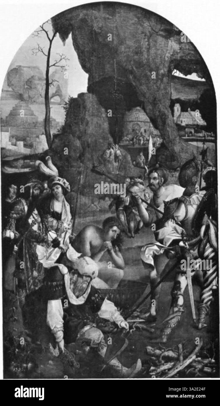 La peinture d'Adriaen Ysenbrant présente le style maniériste anversois distinctif, avec des proportions exagérées et un jeu magistral de lumière et d'ombre. La scène religieuse est rendue avec beaucoup de profondeur émotionnelle et de détails. Banque D'Images
