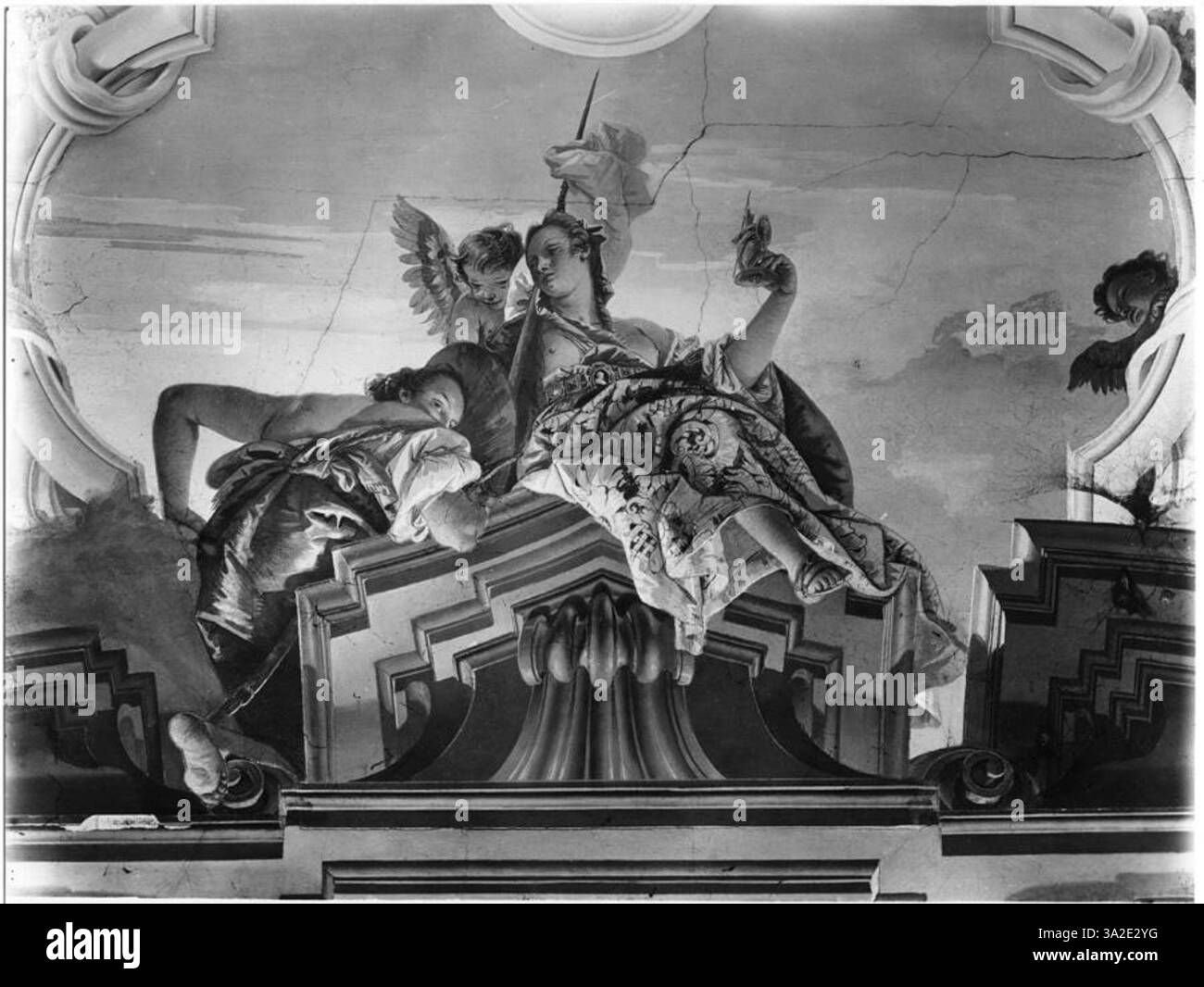 Cette peinture allégorique de Tiepolo représente la vertu triomphant sur Envy. Les figures dynamiques et l'utilisation de la lumière et de la couleur soulignent le récit moral et l'intensité émotionnelle de la scène. Banque D'Images