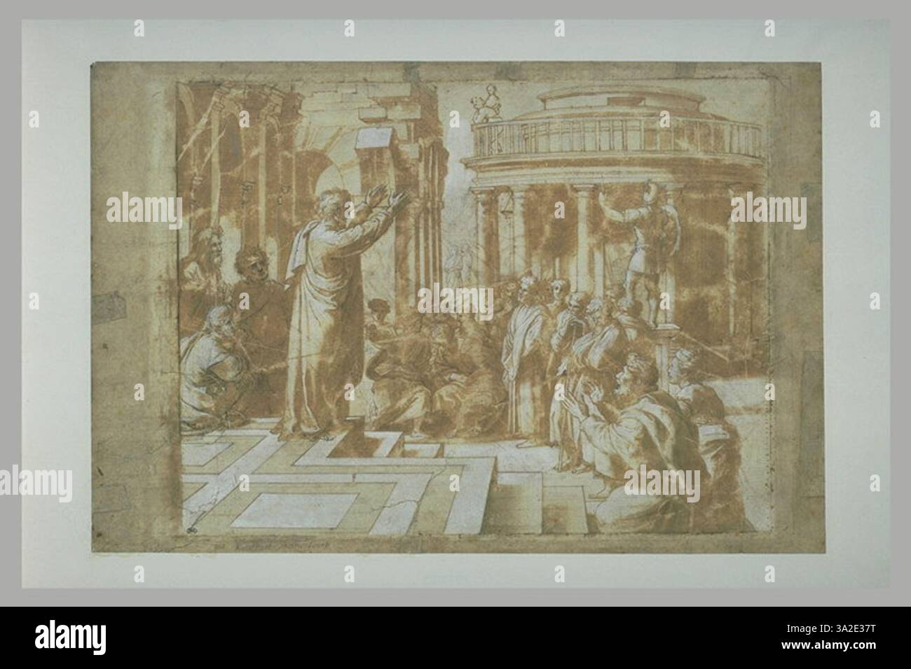 Ce dessin de l’atelier de Raphaël représente Saint Paul prêchant à Athènes. La composition représente l'apôtre dans une pose active, engageant avec son public et transmettant l'intensité de sa mission. Banque D'Images
