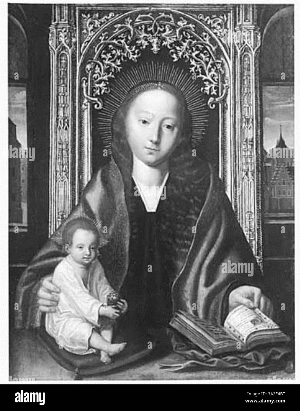 Ce tableau du XVIe siècle, attribué à Quinten Massijs, représente la Vierge Marie et le Christ enfant dans un portrait tendre et serein. L'œuvre illustre la dévotion religieuse et le style Renaissance du Nord, capturant la grâce et la nature sacrée des sujets. Banque D'Images