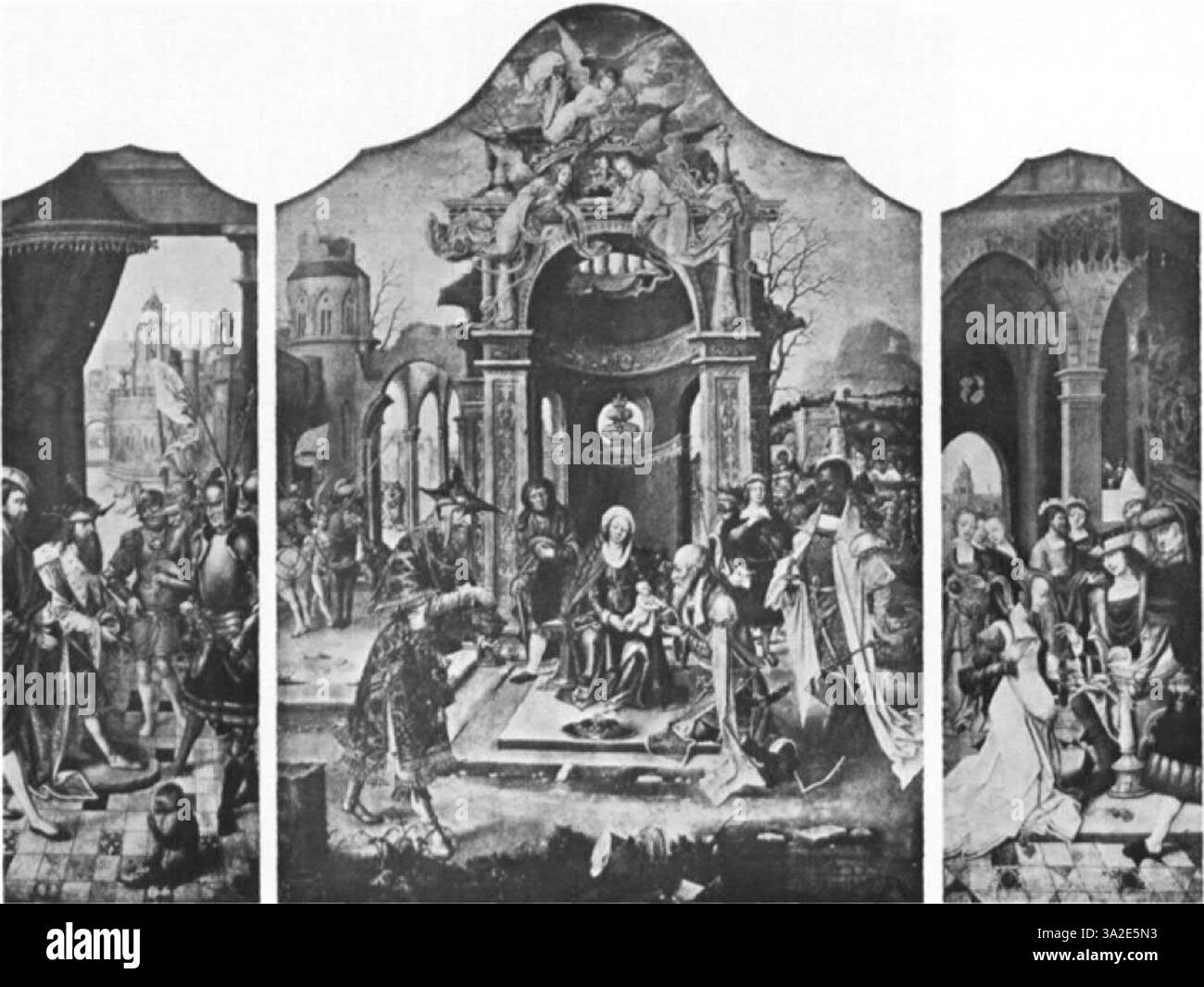 La peinture d'Adriaen Ysenbrant démontre le style maniériste d'Anvers avec des figures exagérées et des couleurs vives pour améliorer le récit religieux. Banque D'Images