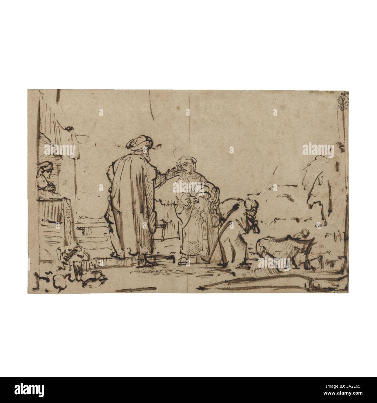 Ce travail, attribué à Carel Fabritius, dépeint la scène biblique du licenciement d’Agar, mettant l’accent sur la gravité émotionnelle et l’interaction des personnages. Banque D'Images