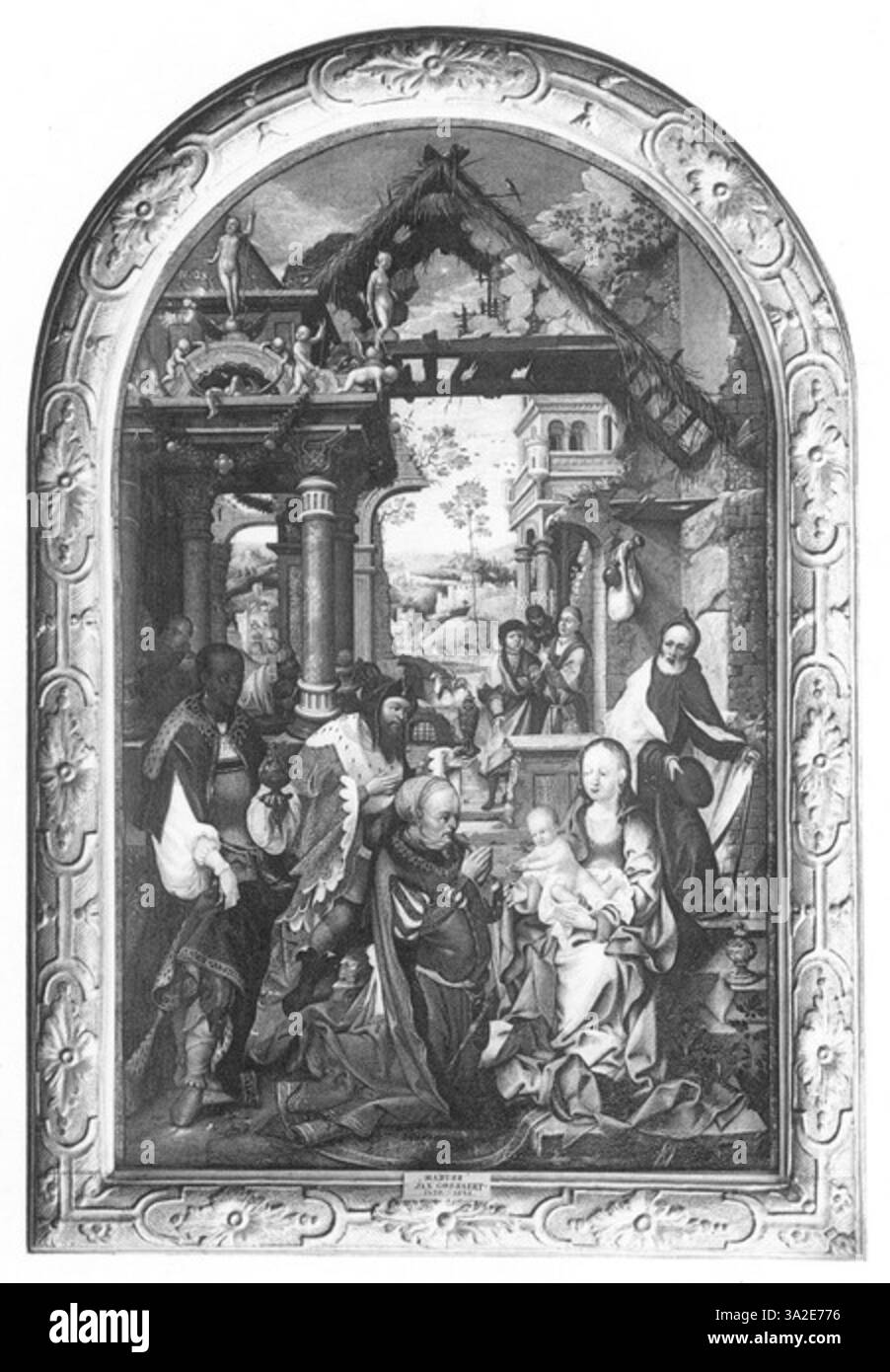 Cette peinture du XVIe siècle, d'après Joos van Cleve, montre l'Adoration des Mages, où l'enfant Christ est présenté avec des dons par les Mages - Melchior, Caspar et Balthazar. Les thèmes religieux sont présentés avec beaucoup de soin et de détail. Banque D'Images