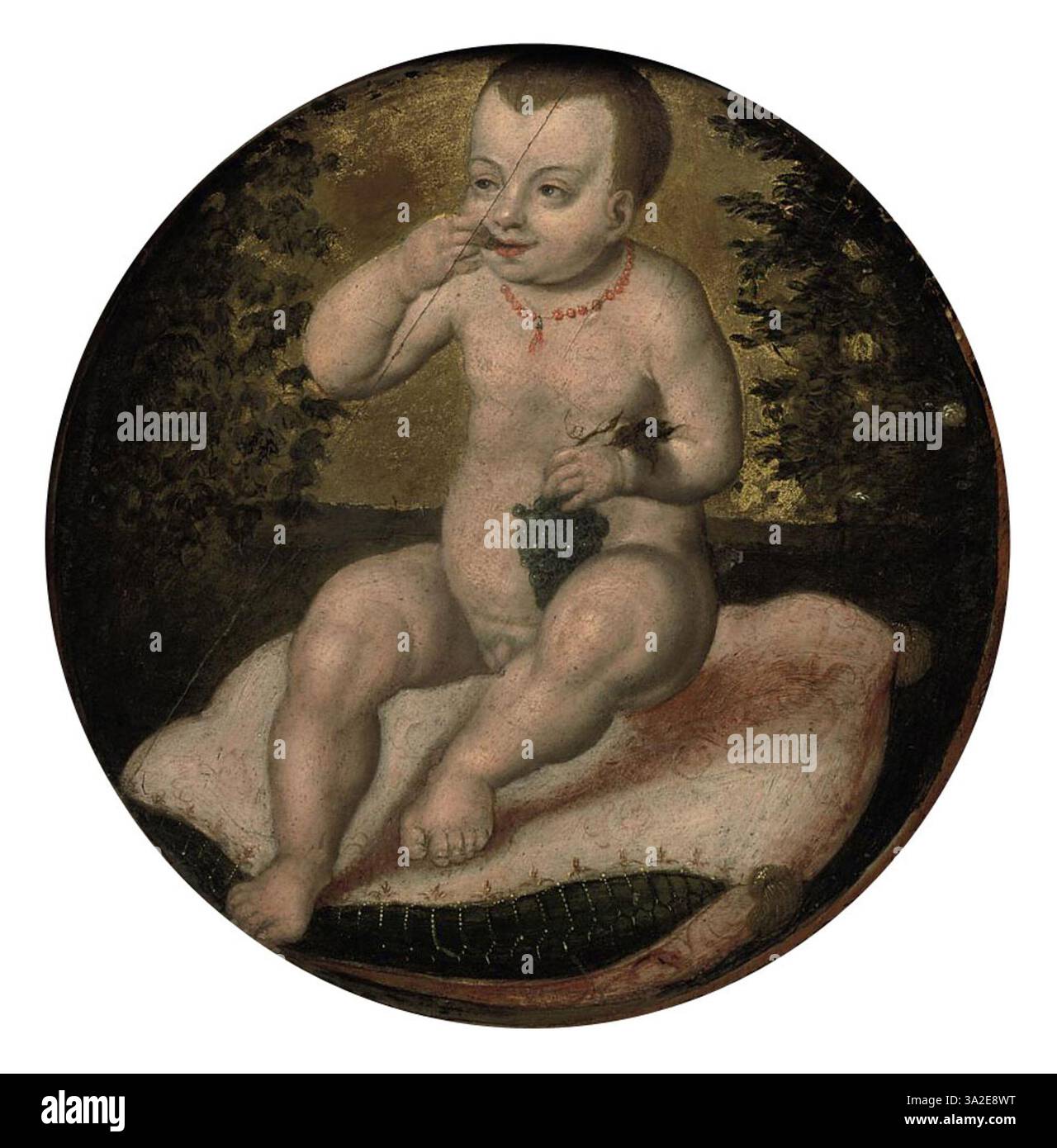 Cette peinture représente le Christ enfant assis sur un coussin de velours rouge, mangeant du raisin, symbolisant à la fois l'innocence et le sacrifice futur du Christ. L'image sereine reflète à la fois l'humanité et la divinité du Christ, mêlant vie quotidienne et signification spirituelle. Banque D'Images