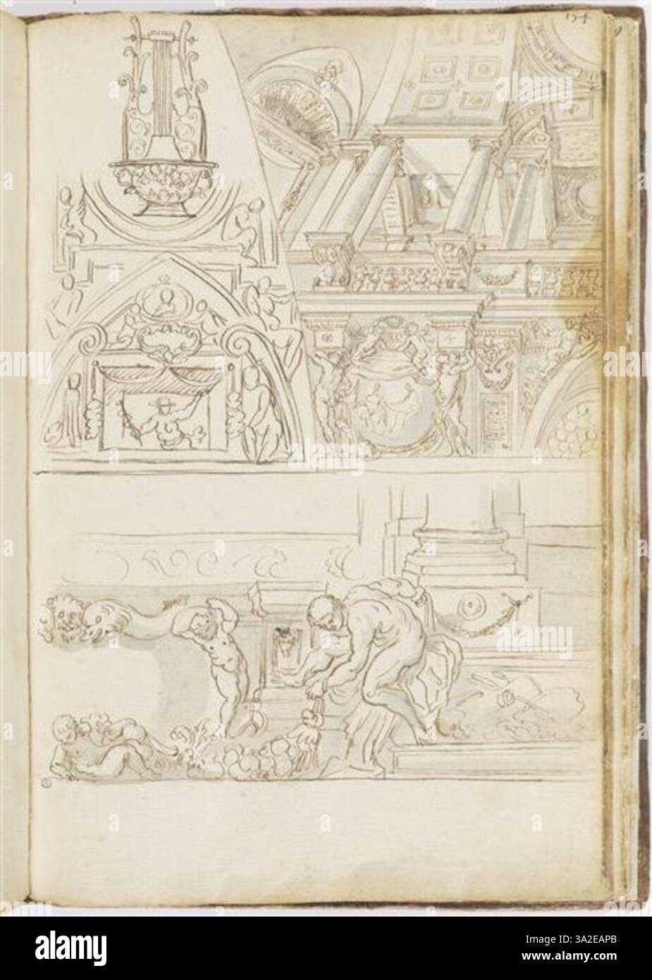 Le dessin de François Perrier de motifs architecturaux et décoratifs comprend un design lyre. L’étude détaillée met en évidence l’harmonie entre l’architecture et les éléments décoratifs en baroque compris Banque D'Images