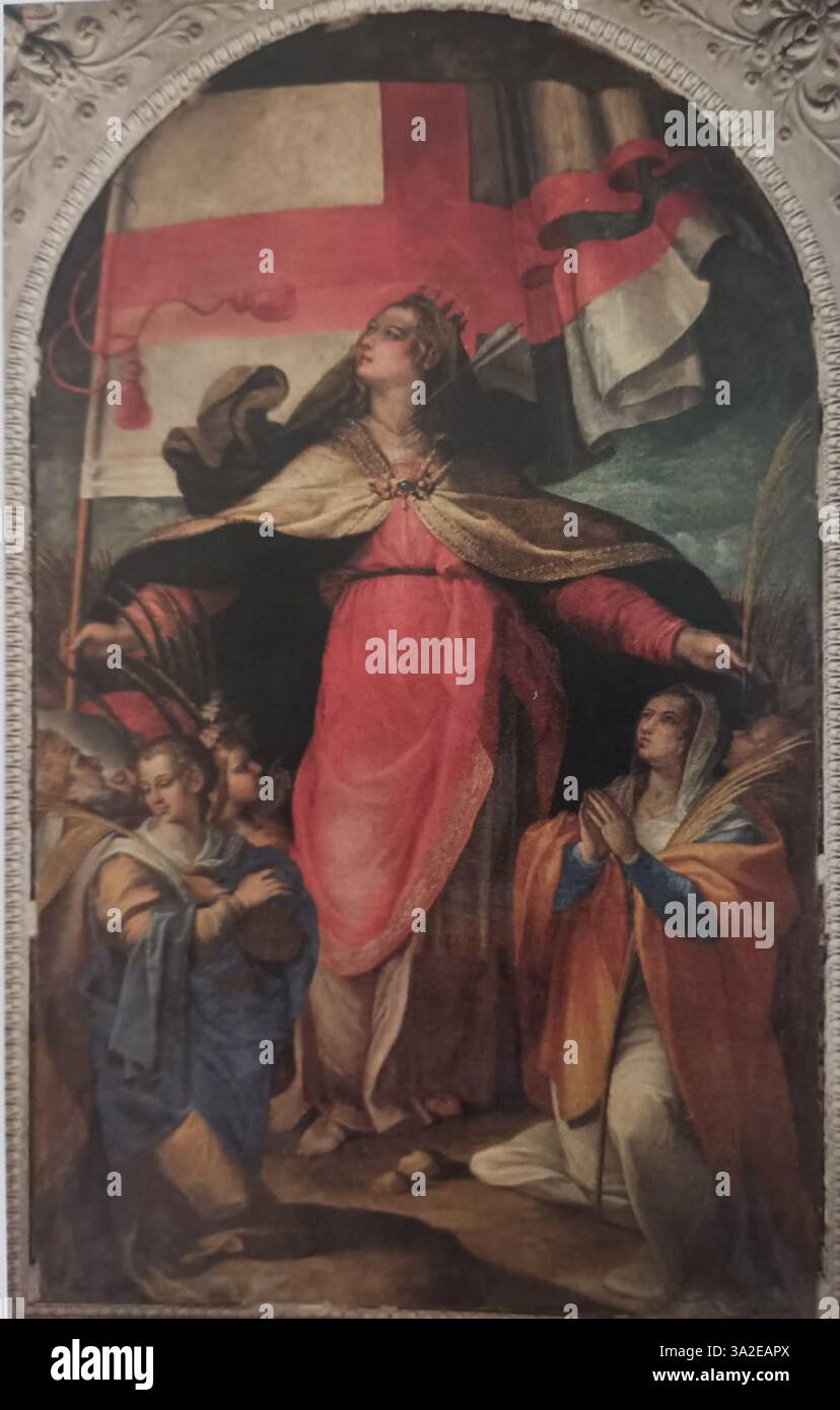 « Il trionfo di Sant'Orsola » d'Orazio Gentileschi (1597) décore la chapelle de l'abbaye de Farfa, représentant le triomphe de Sainte Ursule avec des couleurs riches et vives typiques de l'art baroque, soulignant la victoire religieuse et la grâce divine. Banque D'Images