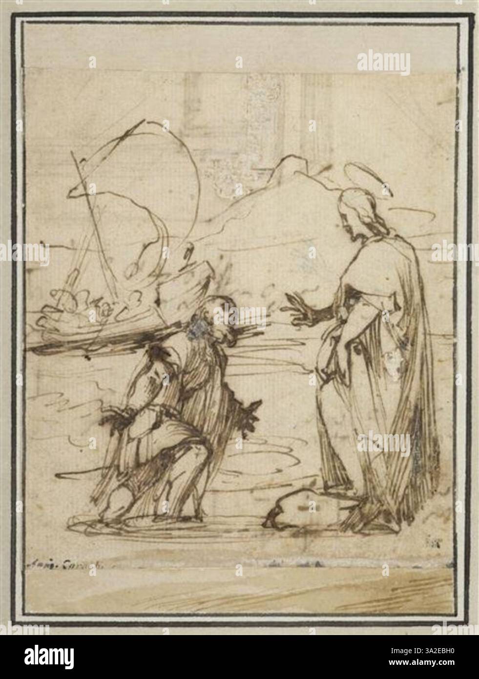 Dans « vocation de saint Pierre », Annibale Carracci capture le moment biblique de l’appel de Saint Pierre par le Christ. L’étude se concentre sur le geste dramatique et l’expression du sujet, véhiculant un puissant thème spirituel. Banque D'Images