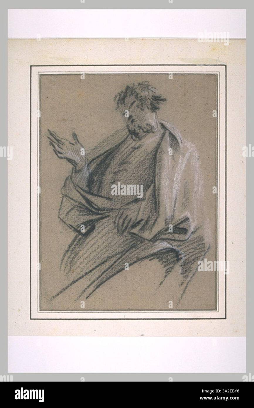 Dans ce dessin, un homme barbu est représenté au milieu du corps, tourné vers la gauche et drapé dans le tissu. Le rendu soigné de la draperie par Vouet souligne la texture et le fluidité de la matière. Banque D'Images