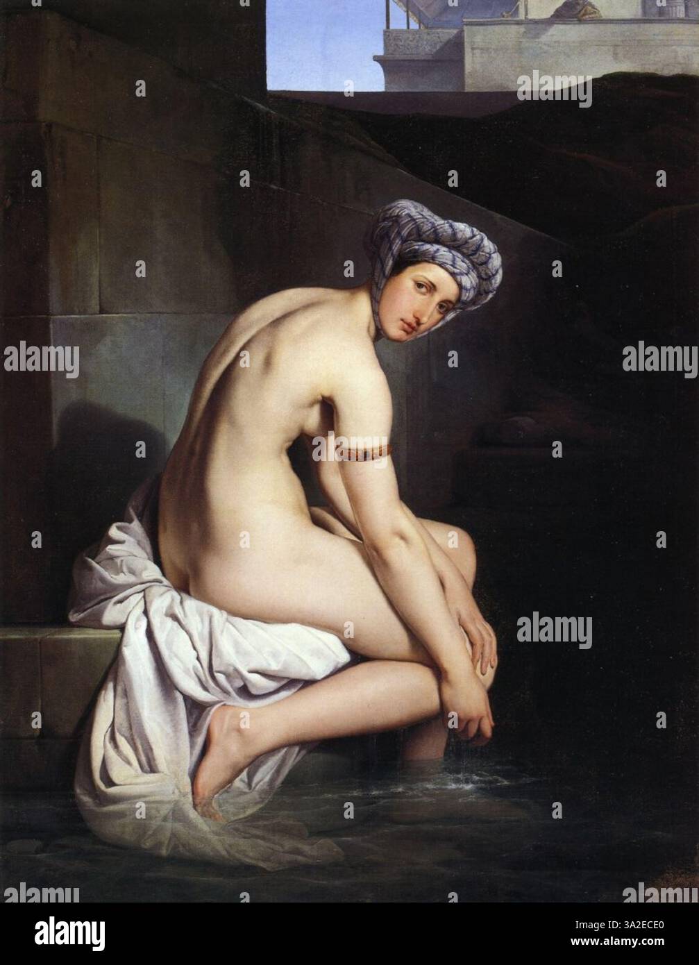 *Betsabea* (vers 1827) de Francesco Hayez représente le personnage biblique de Bathsheba, capturant sa beauté et son émotion. Le portrait souligne la capacité de Hayez à mélanger histoire et émotion en une seule image. Banque D'Images