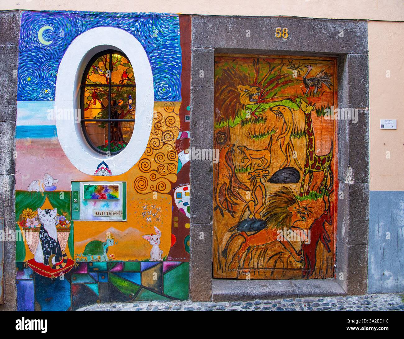 Porte colorée peinte à Rua de Santa Maria dans la vieille ville, projet d'art Arte de portas abertas, Portugal, Madère, Funchal Banque D'Images