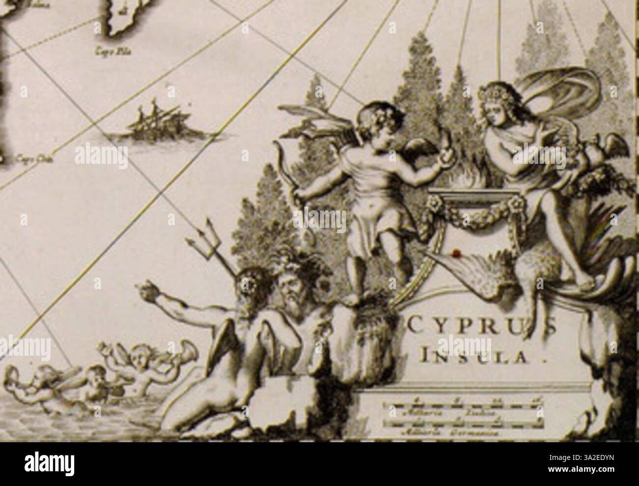 Le cartouche sur cette carte de Chypre par Olfert Dapper présente des éléments décoratifs élaborés, caractéristiques de la cartographie du XVIIe siècle, mettant l'accent sur les détails géographiques des îles de la mer Égée. Banque D'Images