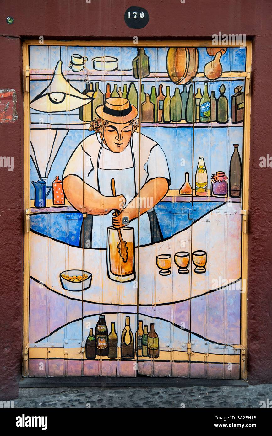 Porte colorée peinte à Rua de Santa Maria dans la vieille ville, projet d'art Arte de portas abertas, Portugal, Madère, Funchal Banque D'Images