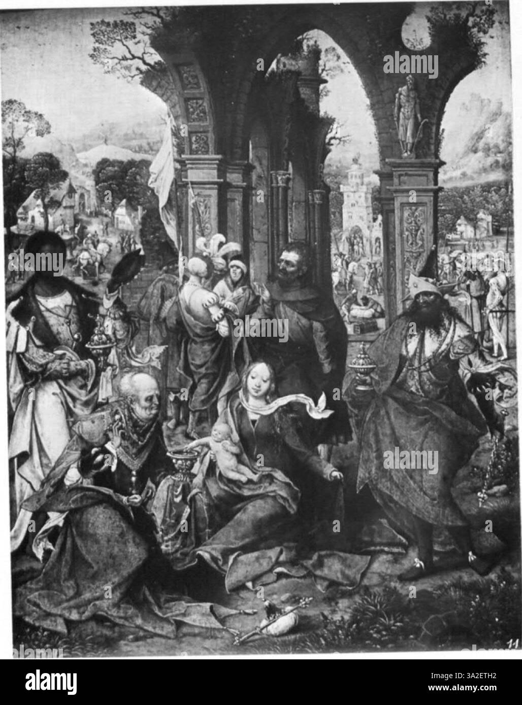 La peinture d'Adriaen Ysenbrant démontre le style maniériste d'Anvers, avec des proportions exagérées et un fort accent sur les couleurs vives dans les sujets religieux. Banque D'Images