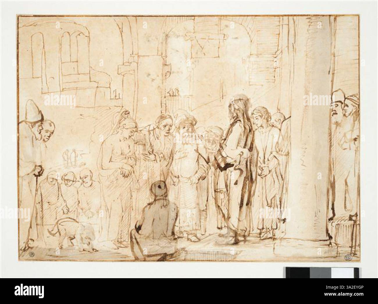 Cette pièce de l'école de Rembrandt dépeint la scène biblique de Jésus et de la femme prise dans l'adultère. L’artiste utilise la lumière et l’ombre pour mettre en évidence l’intensité émotionnelle de la scène, capturant le moment de pardon. Banque D'Images