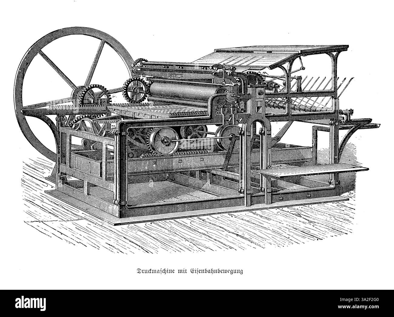 Machine de presse à imprimer avec mouvement ferroviaire, améliorant l'impression à plat avec le mouvement rotatif des cylindres, 19ème siècle Banque D'Images