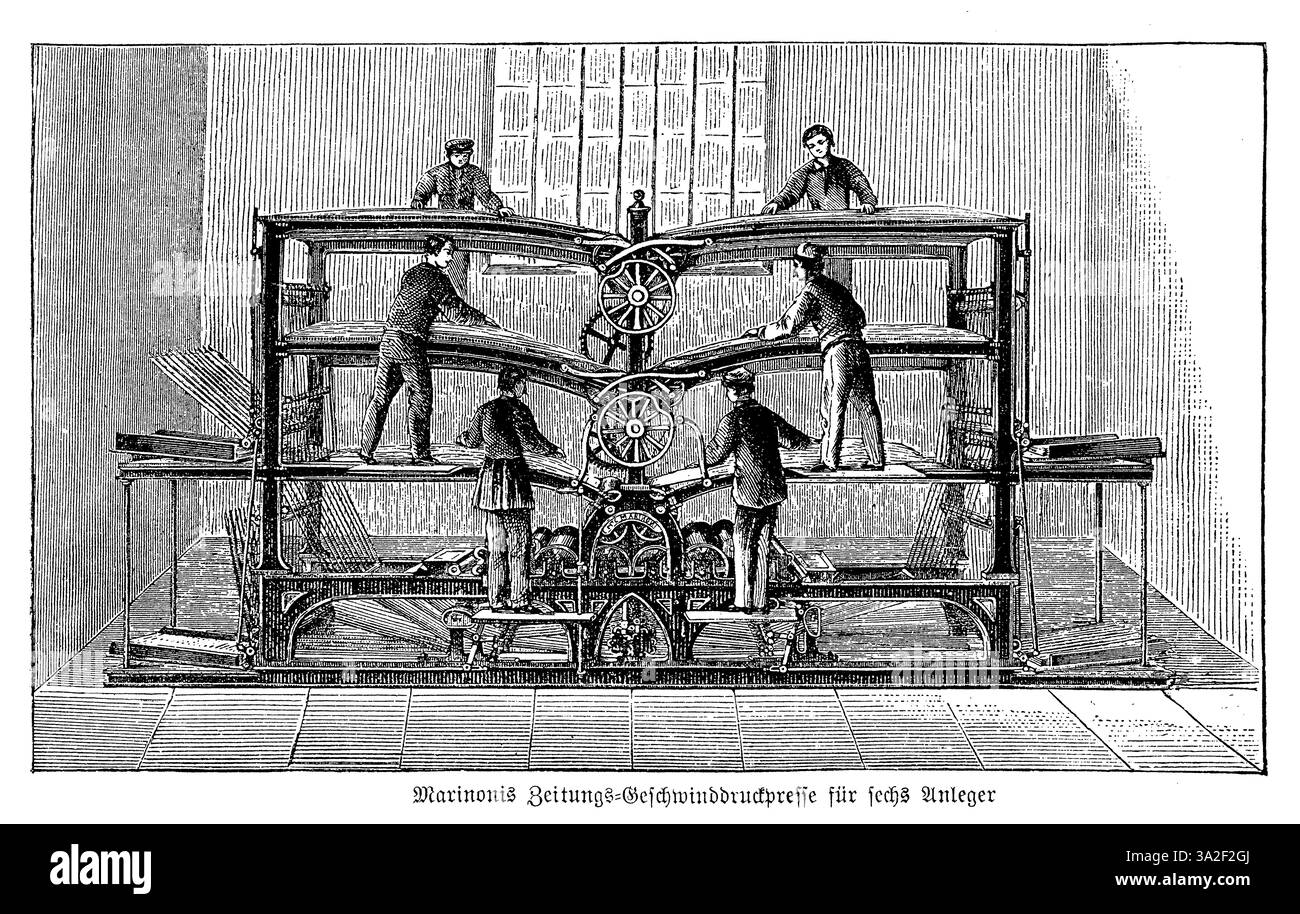 Presse rotative Marinoni pour revues à 6 lignes droites pour publications de masse, 19ème siècle, Paris Banque D'Images