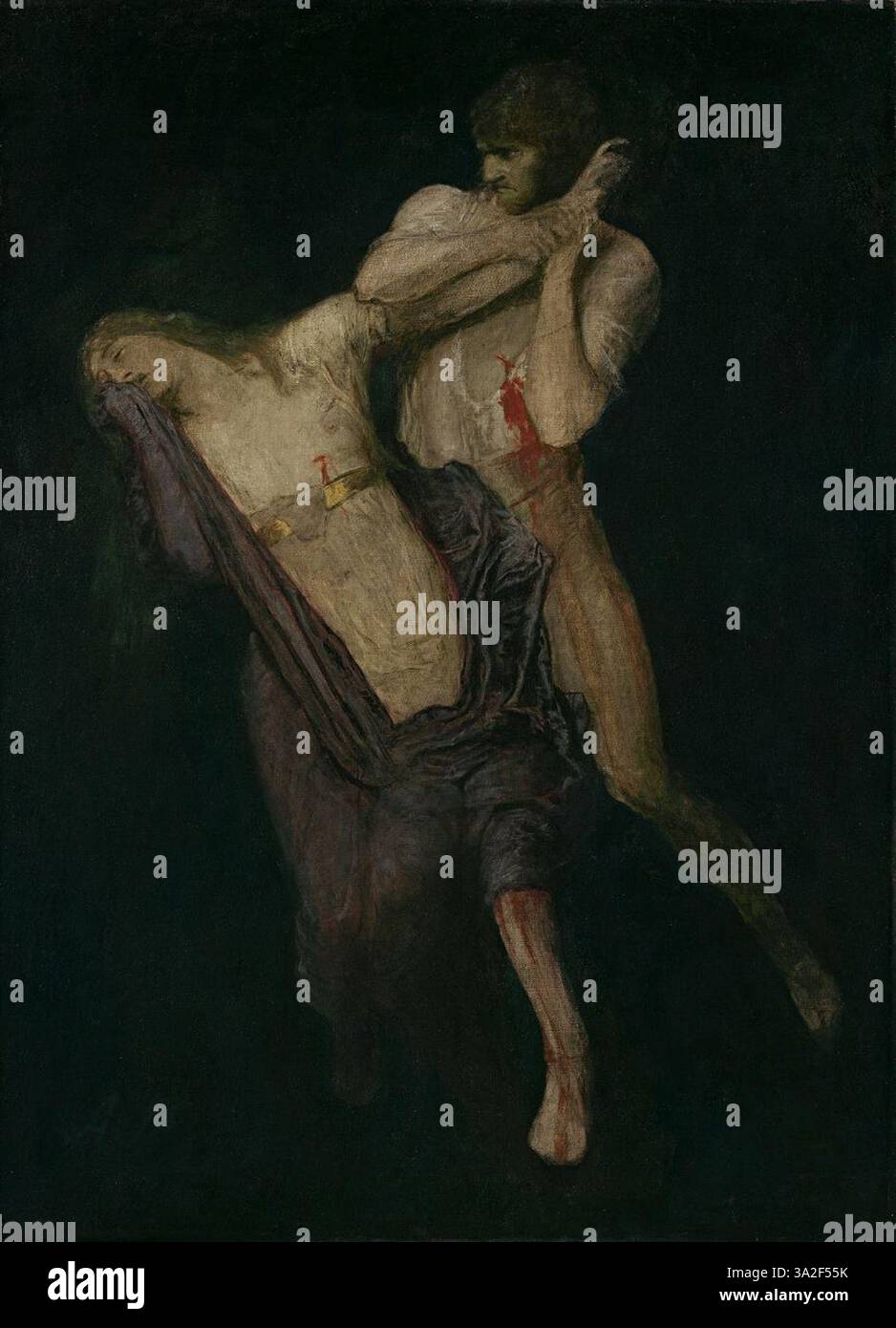 Cette peinture représente la tragique histoire d'amour de Paolo et Francesca, telle que décrite dans la *Divine Comédie* de Dante. Les personnages sont représentés dans un moment d'étreinte passionnée, sur fond dramatique et sombre. L'utilisation de la couleur et de l'atmosphère par Böcklin traduit l'intensité émotionnelle du conte mythologique. Banque D'Images