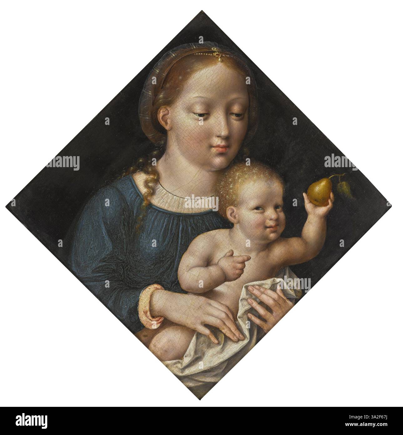 La Vierge à l’enfant à la poire, attribuée à l’atelier de Joos van Cleve, présente à la Vierge Marie tenant l’enfant Jésus avec une poire symbolique, représentant la pureté et le divin. Peint vers 1525. Banque D'Images
